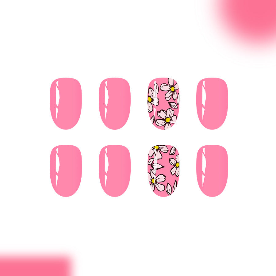 Floral Fantasy Elegant Medium Oval Pink Press-On Nail Set Featuring Charming Daisy Patterns