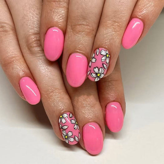 Blossom Dreams Medium Oval Pink Nail Set with Floral Accent Design
