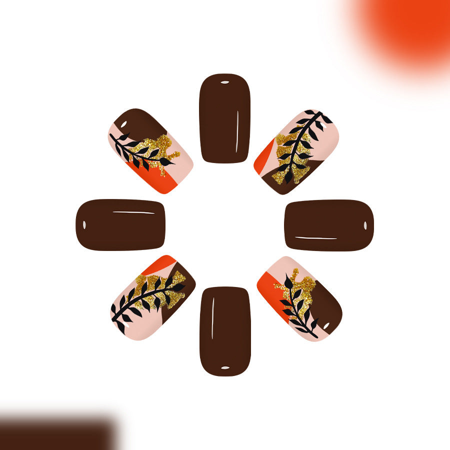 Autumn Elegance Medium Square Chocolate Brown Press On Nail Set with Stunning Gold Leaf Design