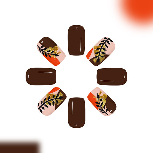 Autumn Elegance Medium Square Chocolate Brown Press On Nail Set with Stunning Gold Leaf Design