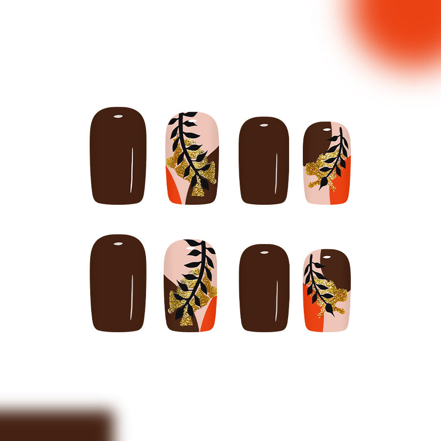 Autumn Elegance Classic Medium Square Shape Rich Brown with Unique Leaf and Glitter Design Press on Nail Set