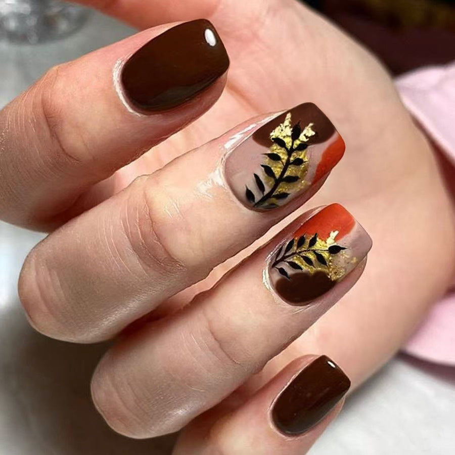 Autumn Elegance Medium Square Brown and Warm Tones with Elegant Leaf Accents Press On Nail Set