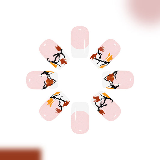 Autumn Elegance Medium Square Light Pink with Floral Detailing Press On Nail Set