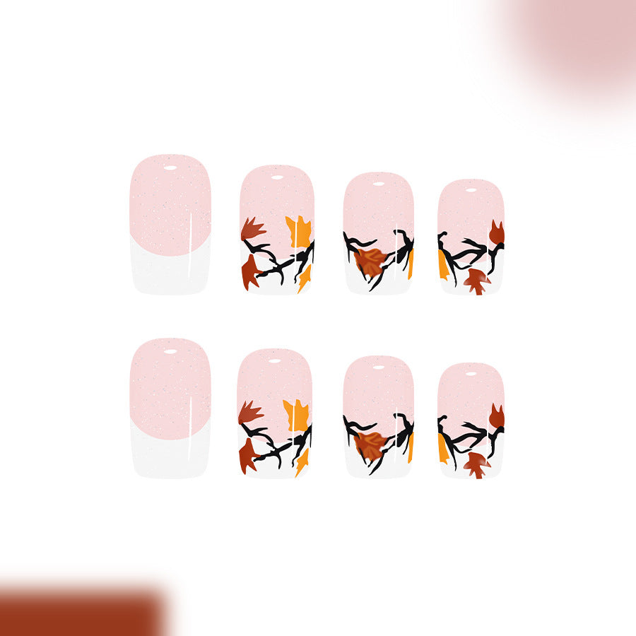 Autumn Blossom Medium Square Pink with Floral Accents Press-On Nail Set