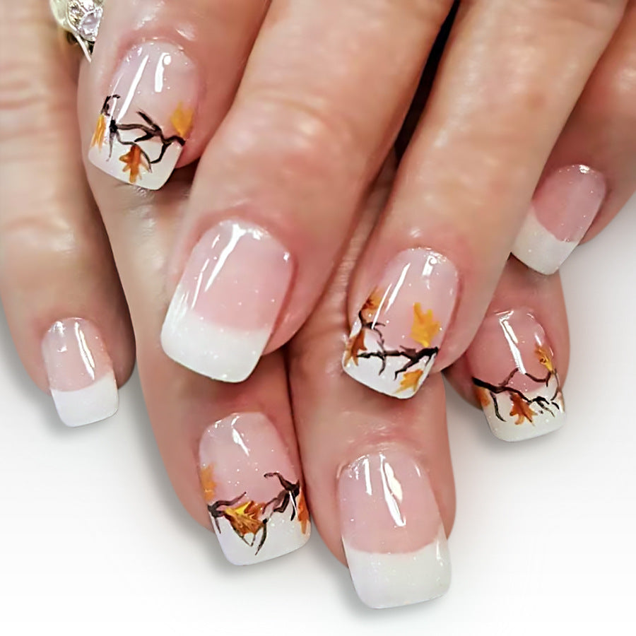 Autumn Elegance Medium Square White with Delicate Leaf Design Press On Nail Set