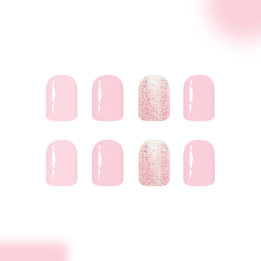 Chic Elegance Glossy Short Square Pink Nail Set with Sparkling Accent