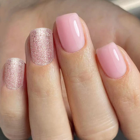 Charming Elegance Square Short Pink with Sparkling Glitter Accent Press on Nail Set