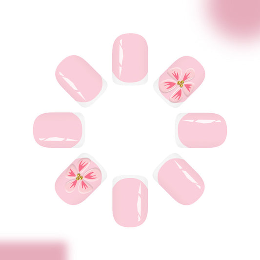 Blossom Dream Pink Short Square Press-On Nail Set with Floral Accents