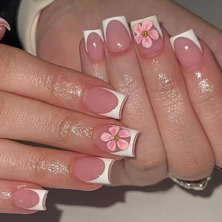 Blossom Dream Press On Nail Set Short Square Pink with Floral Charm