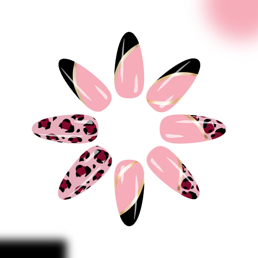 Wild Elegance Medium Almond Pink and Black Leopard Print Press On Nail Set with Gold Accents