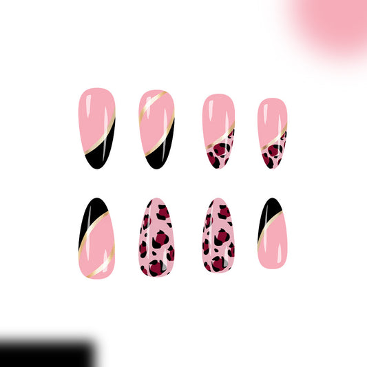 Savannah Chic Medium Almond Pink Black and Leopard Print Nail Set with Gold Accents