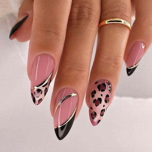 Savage Elegance Medium Almond Pink and Black Wild Leopard Print with Gold Accents Press On Nail Set