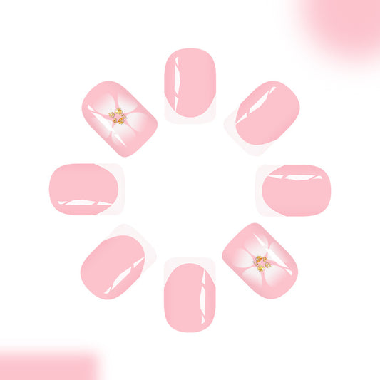 Whimsical Garden Short Square Pink Press On Nail Set with Elegant Floral Accents