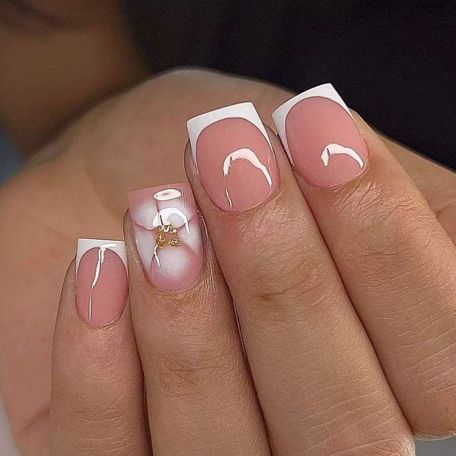 Elegant Blossom Premium Short Square Press On Nails in Soft Pink with Chic Floral Accent