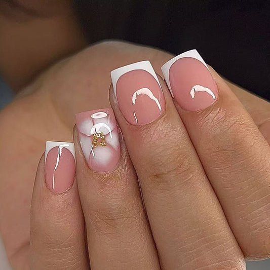 Elegant Blossom Premium Short Square Press On Nails in Soft Pink with Chic Floral Accent