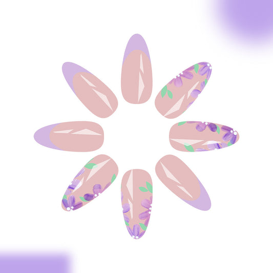 Whimsical Garden Long Almond Light Pink and Lavender Floral Press on Nail Set