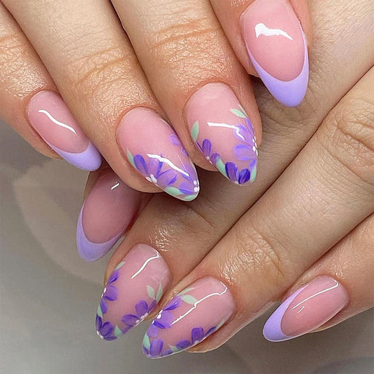 Enchanted Garden Long Almond Lavender Tip Press On Nail Set with Floral Art Design