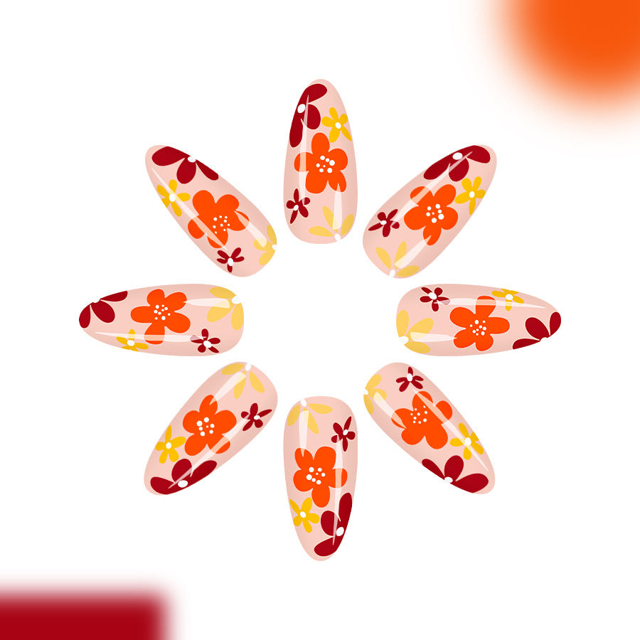 Bohemian Blossom Long Almond Peach with Vibrant Floral Designs Press On Nail Set