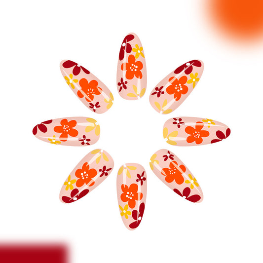 Bohemian Blossom Long Almond Peach with Vibrant Floral Designs Press On Nail Set