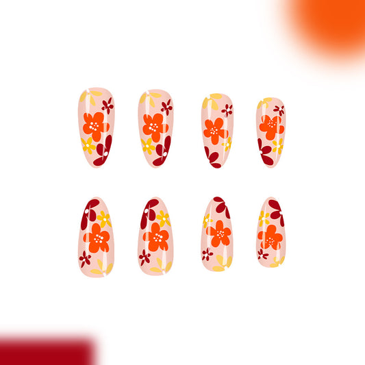 Garden Bloom Elegant Long Almond Flower Adorned Coral Press-On Nail Set