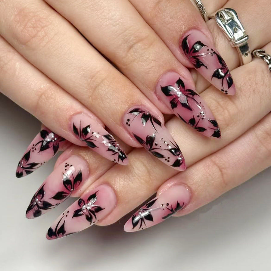 Floral Elegance Long Stiletto Pink Press On Nail Set with Intricate Black Design