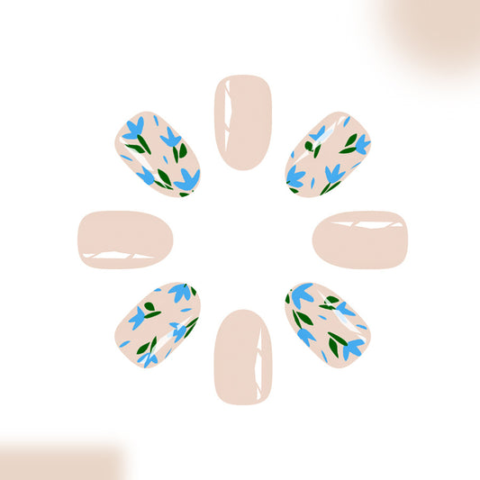 Whimsical Garden Inspired Medium Oval Shape Beige with Floral Design Press on Nail Set