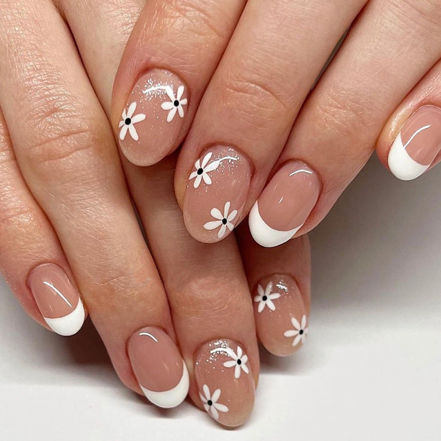 Blossom Beauty Medium Oval Natural Pink with White Flower Accents Press On Nail Set