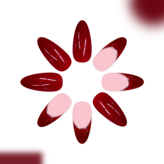 Glamorous Elegance Long Almond Red and Pink Ombre Press on Nail Set with Glossy Finish