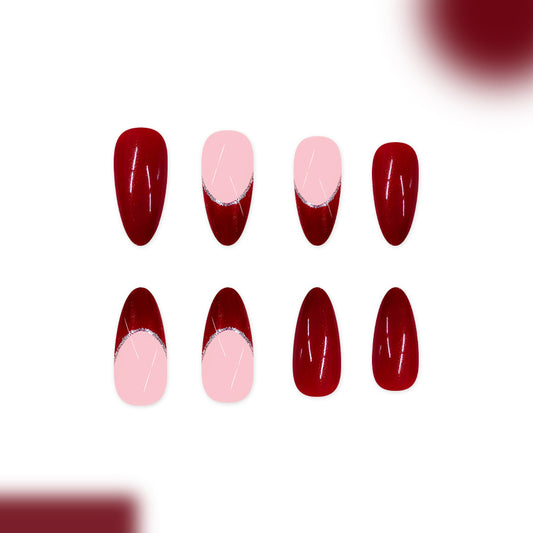 Glamorous Elegance Long Almond Burgundy and Blush Half-Moon Design Press-On Nail Set
