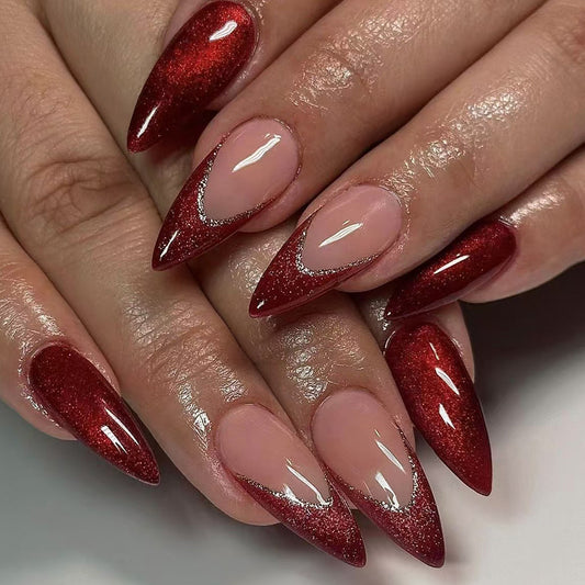 Glamorous Enchantment Elongated Long Stiletto Scarlet Red Glitter Press On Nail Set with Glimmering Tip Detail