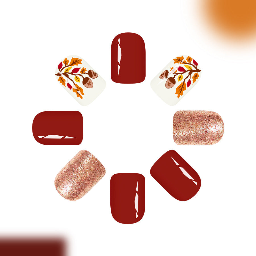 Autumn Elegance Short Square Burgundy and Glittery with Leaf Accents Press-On Nail Set
