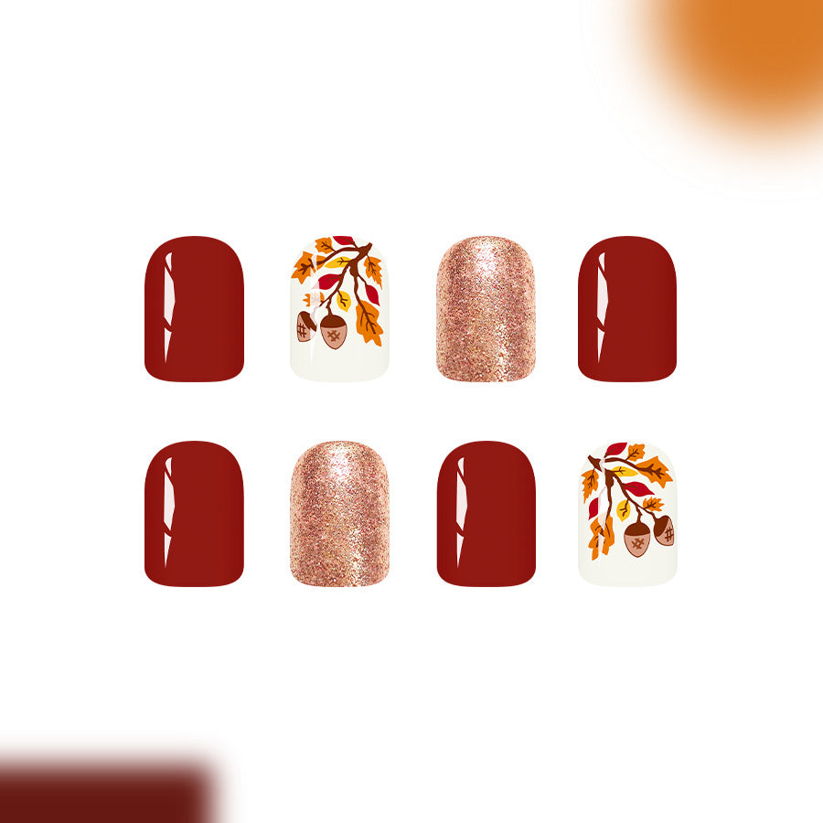 Autumn Inspired Short Square Burgundy and Sparkling Gold with Leaf Accents Press on Nail Set