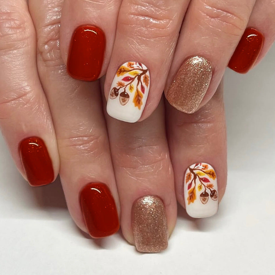 Autumn Bliss Short Square Burgundy and Glittery Gold Press-On Nail Set with Elegant Leaf Design
