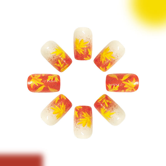 Autumn Delight Medium Square Orange and Yellow Gradient with Leaf Design Press On Nail Set