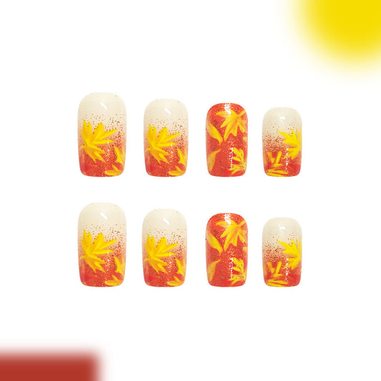 Autumn Bliss Press-On Nail Set Medium Square Shape Orange and Yellow Gradient with Leaf Design