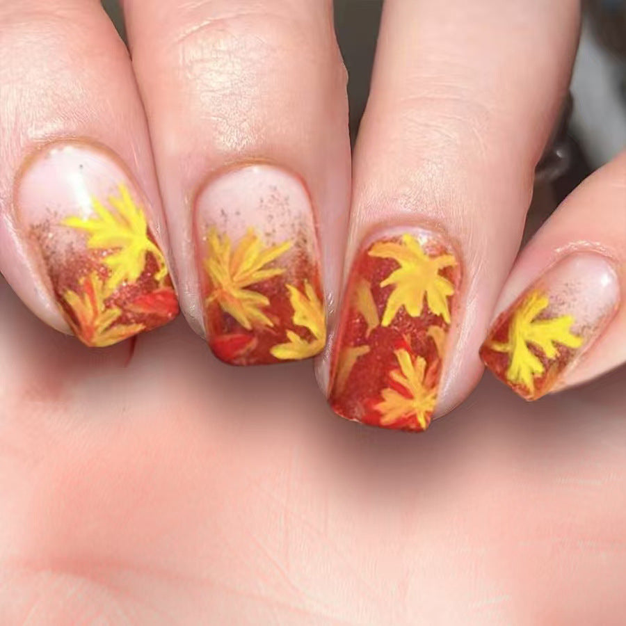 Autumn Bliss Medium Square Orange and Yellow Leaf Design Press On Nail Set