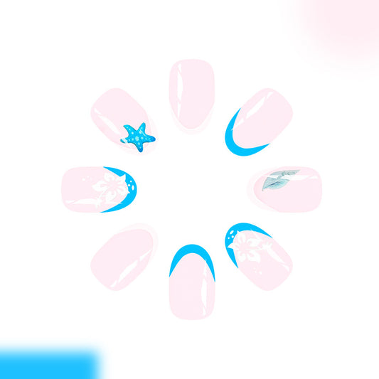 Ocean Breeze Elegance Medium Oval Pink with Blue Accents and Unique Starfish Design Press Nail Set