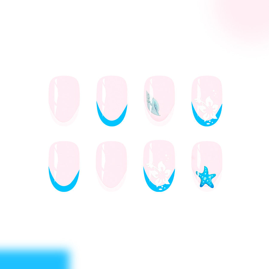 Beach Breeze Medium Oval Pink and Blue Press-On Nail Set with Ocean-Inspired Art