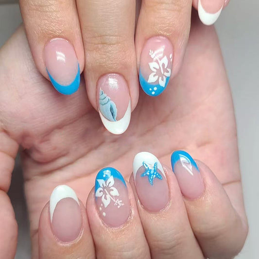 Tropical Oasis Medium Oval Shaped Blue and White Floral Press on Nail Set