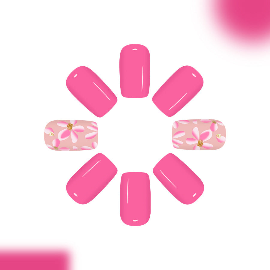 Floral Dreamy Medium Square Glossy Pink Press-On Nail Set with Charming Daisy Design