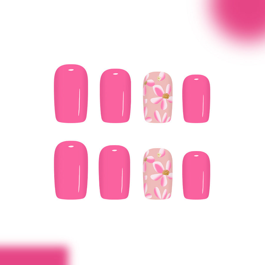 Blossoming Charm Medium Square Bright Pink with Floral Accent Press-On Nail Set