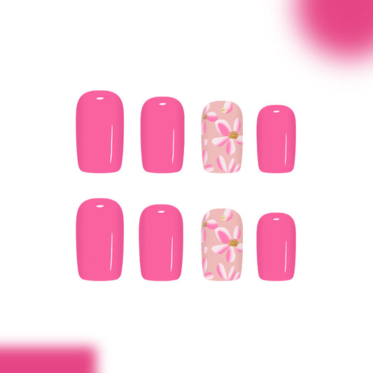 Blossoming Charm Medium Square Bright Pink with Floral Accent Press-On Nail Set