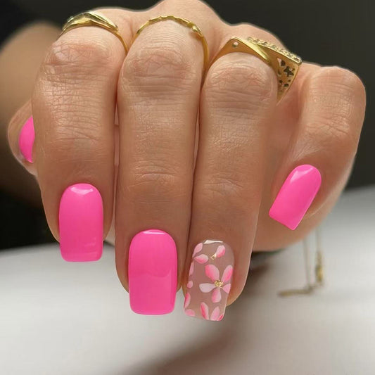 Blooming Beauty Medium Square Pink Press On Nail Set with Charming Floral Accent