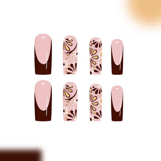 Whimsical Autumn Vibes Long Square Pink and Brown Floral Press-On Nail Set