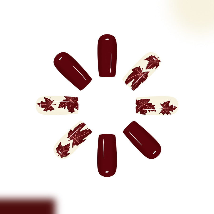 Autumn Elegance Long Square Deep Burgundy with Maple Leaf Design Press On Nail Set