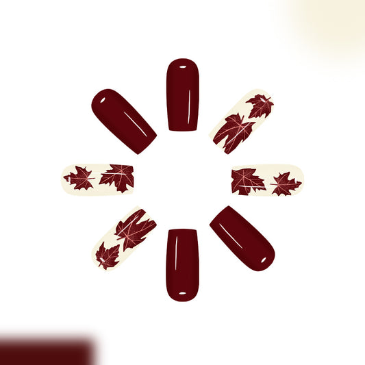Autumn Elegance Long Square Deep Burgundy with Maple Leaf Design Press On Nail Set