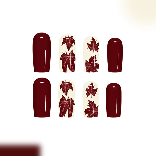 Autumn Vibes Long Square Burgundy with Leaf Design Press On Nail Set