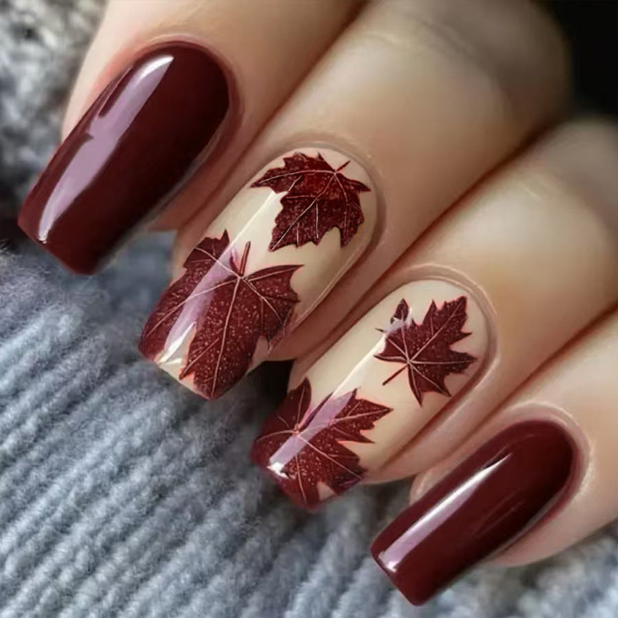 Autumn Elegance Long Square Burgundy and Beige Press on Nail Set with Sparkling Leaf Accents