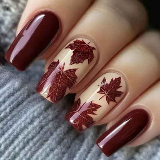 Autumn Elegance Long Square Burgundy and Beige Press on Nail Set with Sparkling Leaf Accents