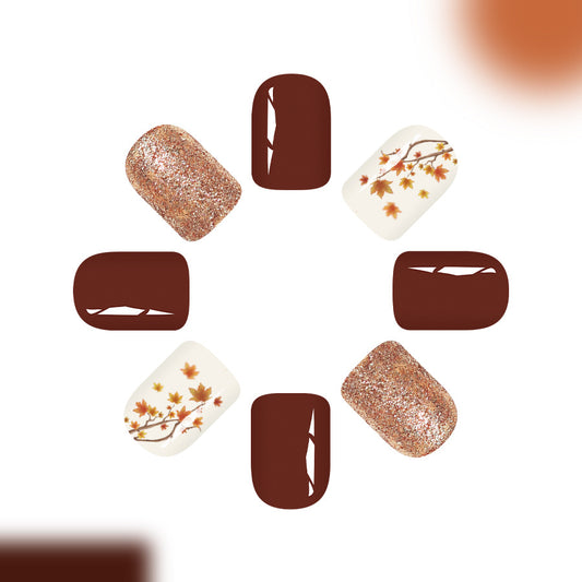 Autumn Elegance Short Square Burgundy and Cream with Glitter and Leaf Design Press On Nail Set